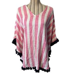 Mud Pie Coverup Pink and White Striped Black Fringe Beach Swim Poncho Cotton
